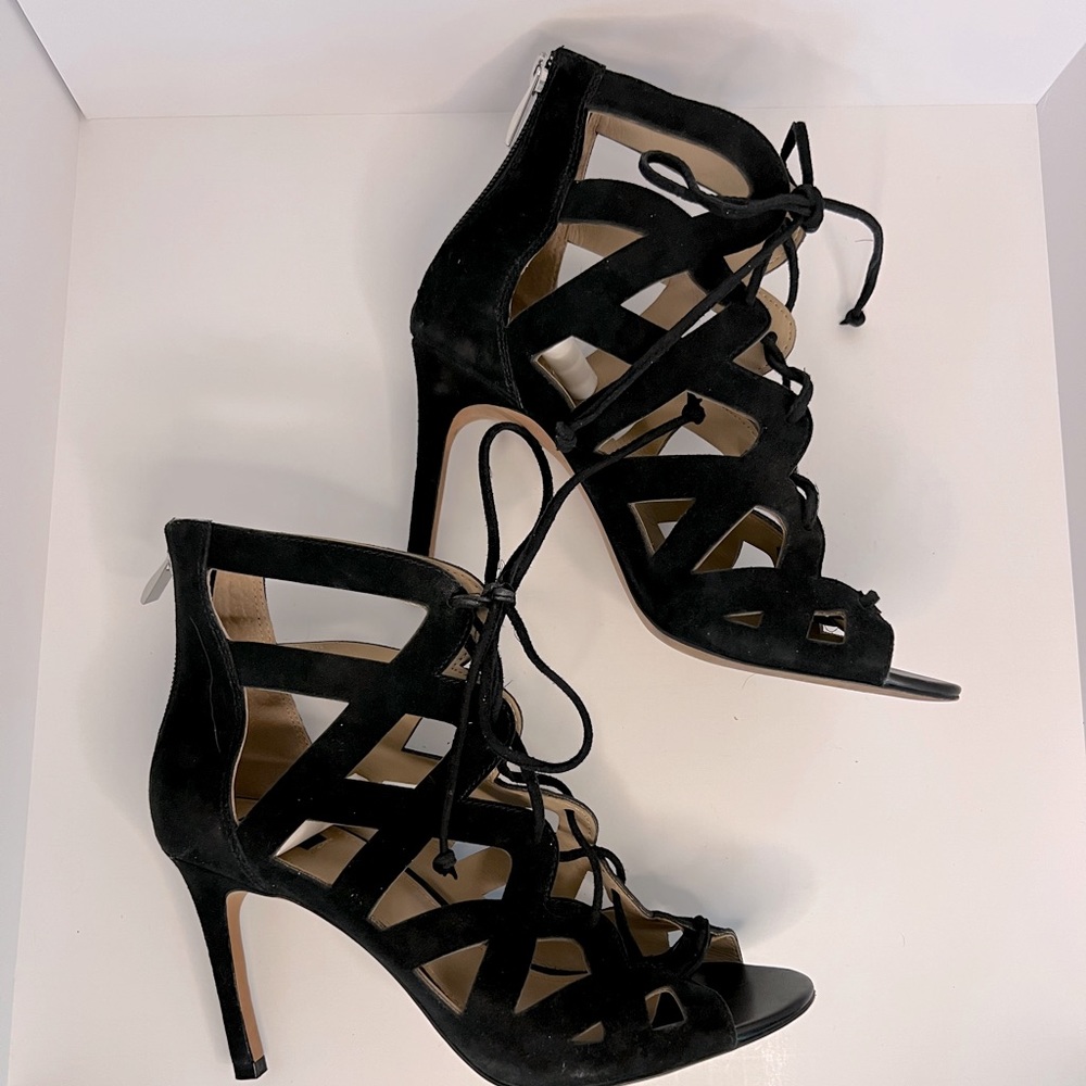 Black suede G.I.L.I caged pumps